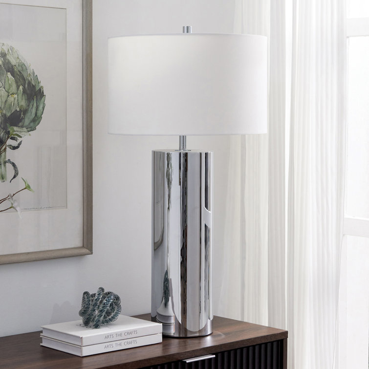 Polished Nickel and White Steel Drum Table Lamp