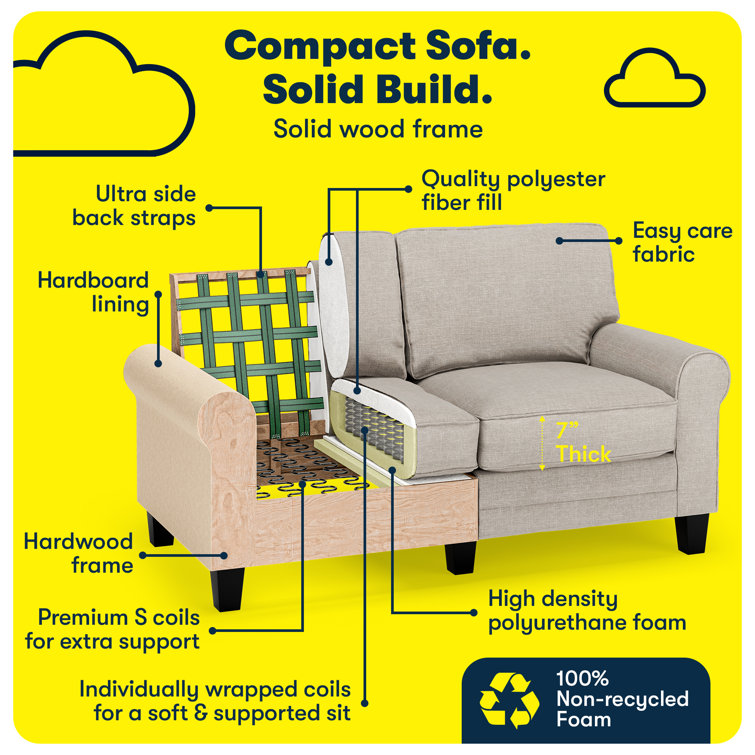 Light Gray Polyester Blend Rolled Arm Loveseat with Wood Legs