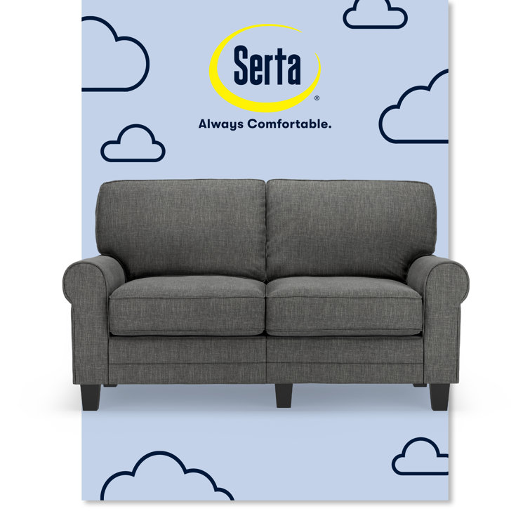 Gray Leather Rolled Arm Loveseat with Pillow Back