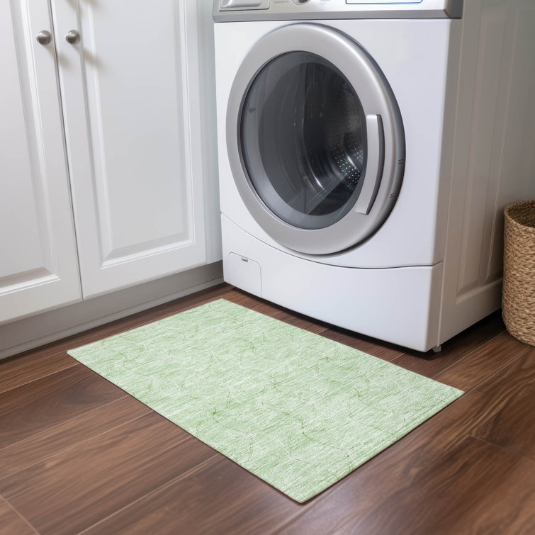Mint Green Rectangular Washable Synthetic Rug with Non-Slip Backing