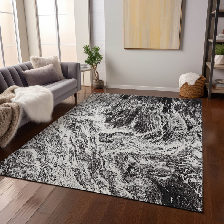 Black Abstract Synthetic Rectangular Washable Rug 3' x 5'