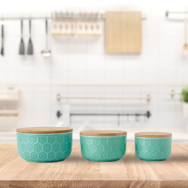 Mint Green Ceramic Bowls with Bamboo Lids, Set of 3