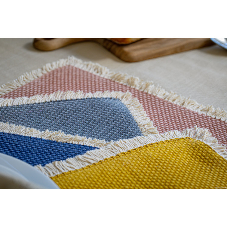 Ochre Yellow Cotton Woven Rectangle Placemats with Fringe Trim - Set of 4