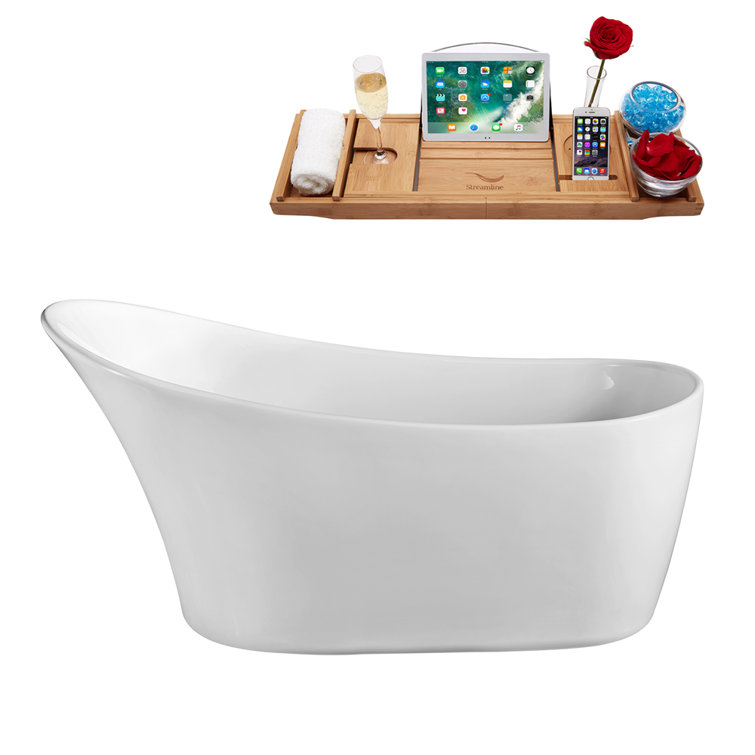67" Glossy White Acrylic Freestanding Soaking Bathtub with Matte Black Drain
