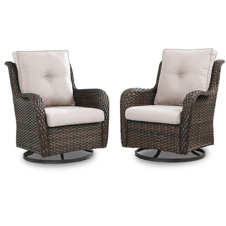 Brown Wicker Swivel Glider Club Chairs with Beige Cushions