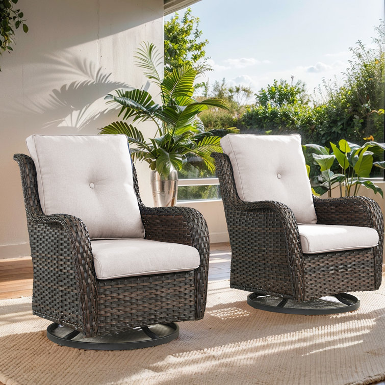 Brown Wicker Swivel Glider Club Chairs with Beige Cushions
