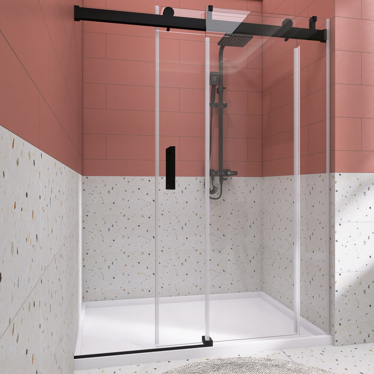 72'' Matte Black Frameless Sliding Shower Door with Clear Glass
