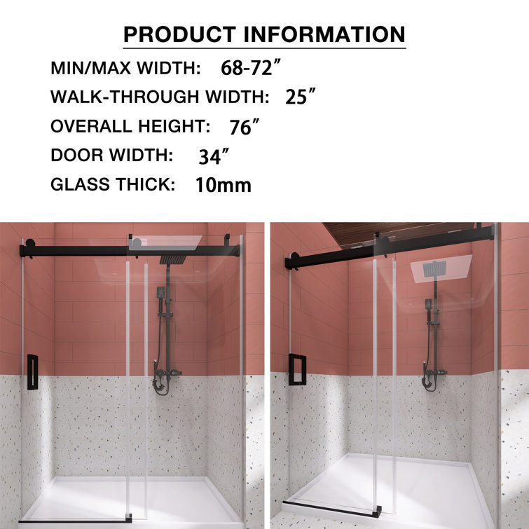 72'' Matte Black Frameless Sliding Shower Door with Clear Glass