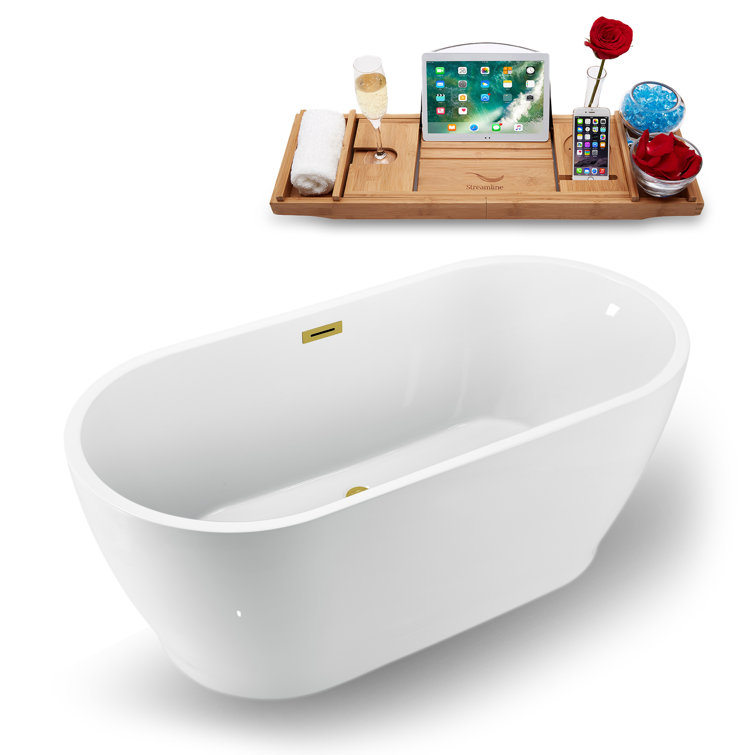 59" Glossy White Acrylic Freestanding Oval Bathtub with Gold Drain