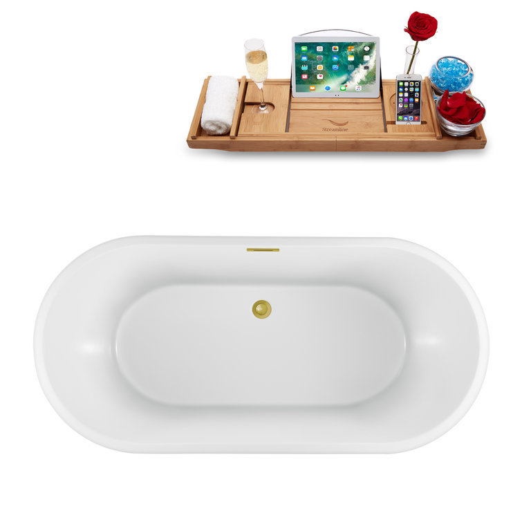 59" Glossy White Acrylic Freestanding Oval Bathtub with Gold Drain