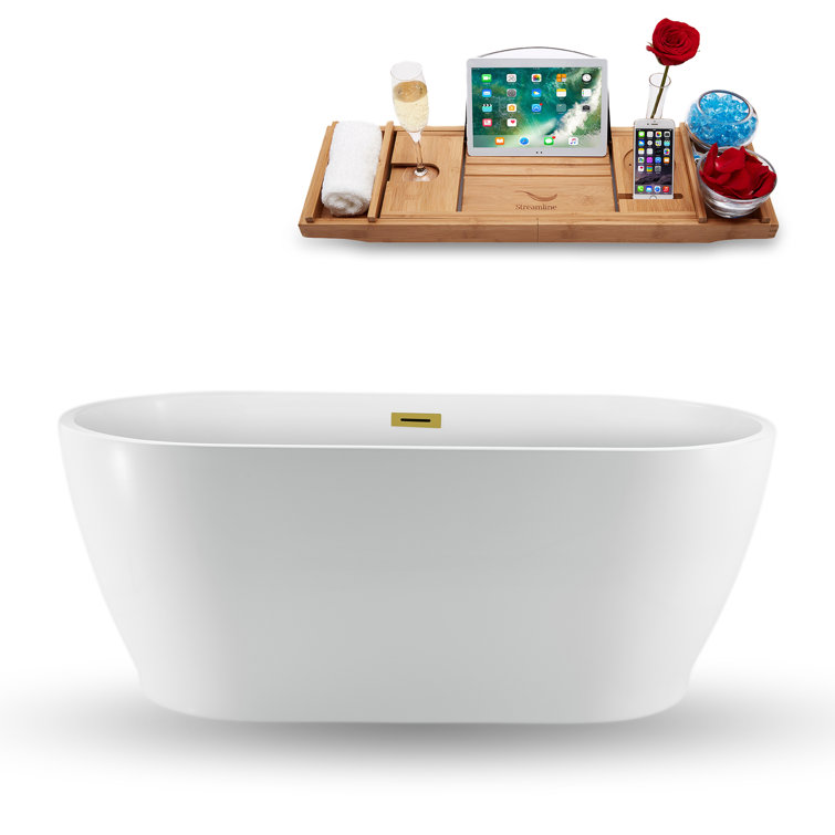 59" Glossy White Acrylic Freestanding Oval Bathtub with Gold Drain