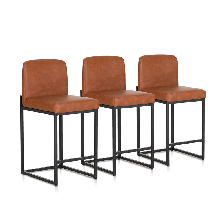 Brown Faux Leather Upholstered Counter Stools with Matte Steel Frame, Set of 3