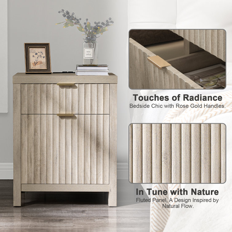 Greige Oak 2-Drawer Nightstand with Built-In Charging Station, Set of 2