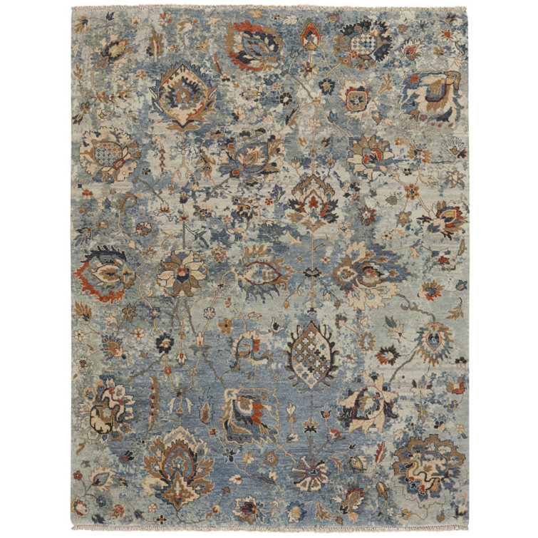 Slate Blue Hand-Knotted Wool Floral 8' x 10' Area Rug