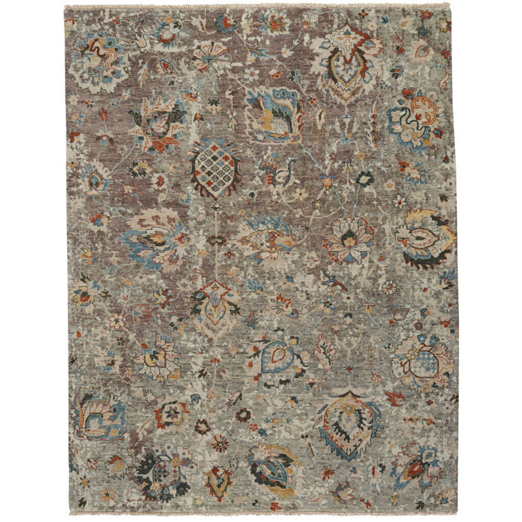 Hand-Knotted Blue and Brown Wool Floral Area Rug, 9' x 12'