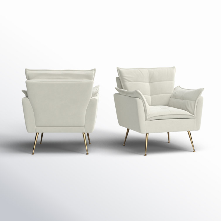 Ivory Velvet Tufted Accent Armchair Set with Gold Legs
