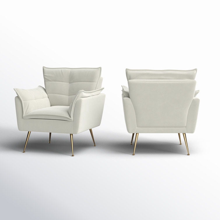 Ivory Velvet Tufted Accent Armchair Set with Gold Legs