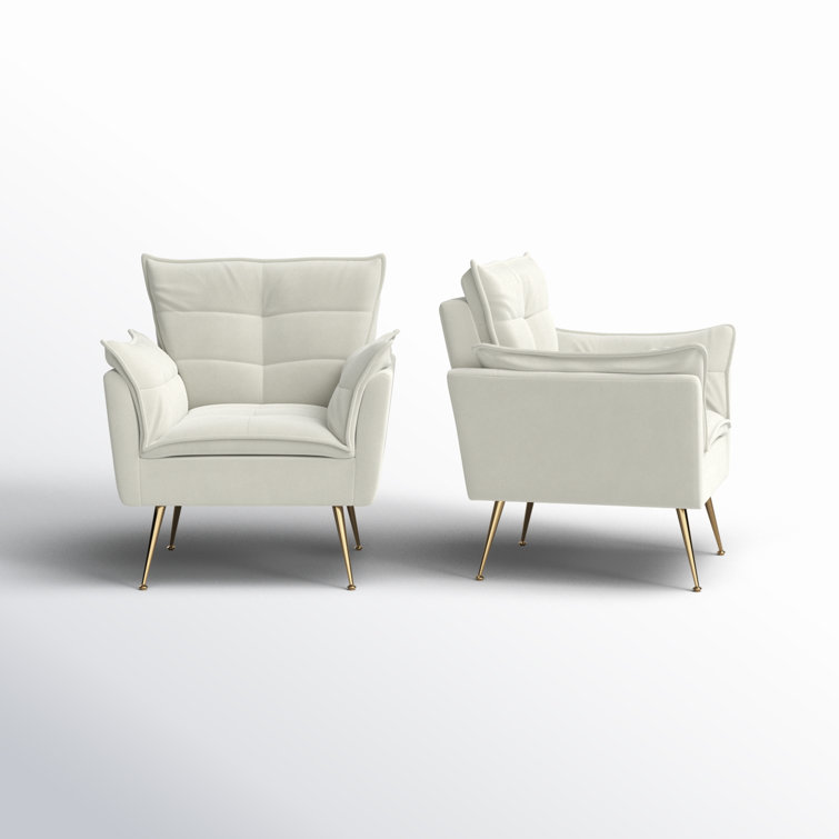Ivory Velvet Tufted Accent Armchair Set with Gold Legs