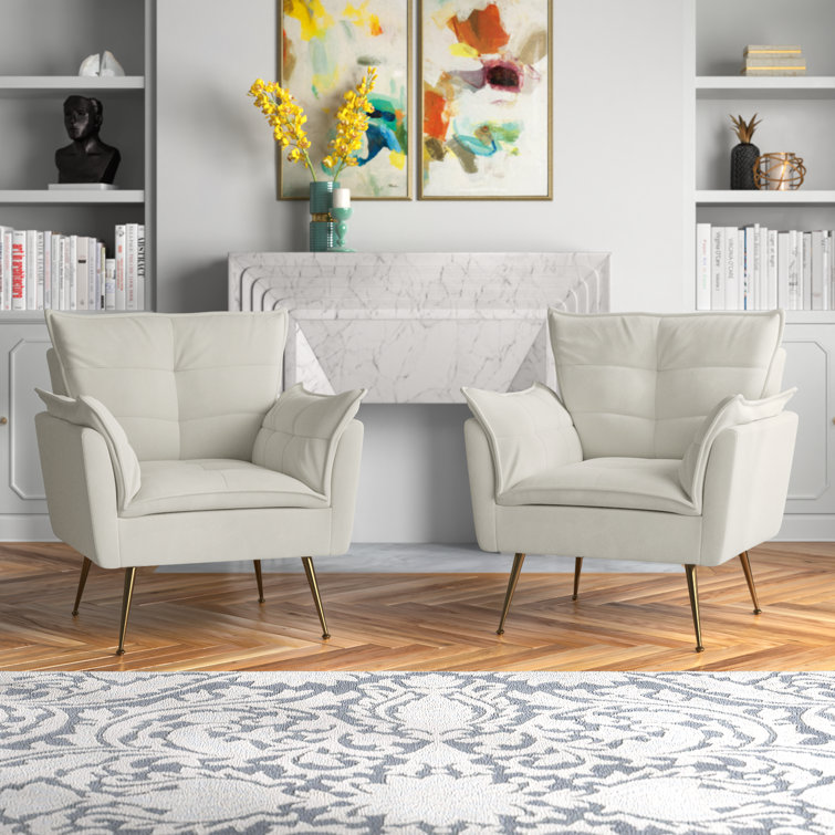 Ivory Velvet Tufted Accent Armchair Set with Gold Legs