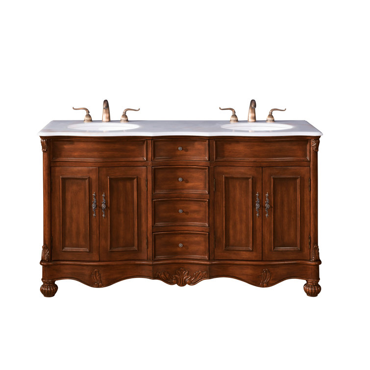 Teak and Ivory White Double Freestanding Vanity with Quartz Countertop