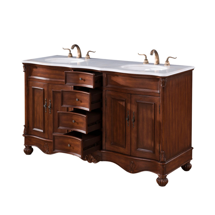 Teak and Ivory White Double Freestanding Vanity with Quartz Countertop