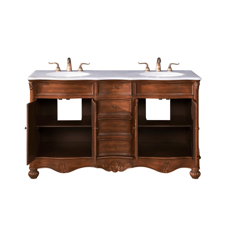 Teak and Ivory White Double Freestanding Vanity with Quartz Countertop