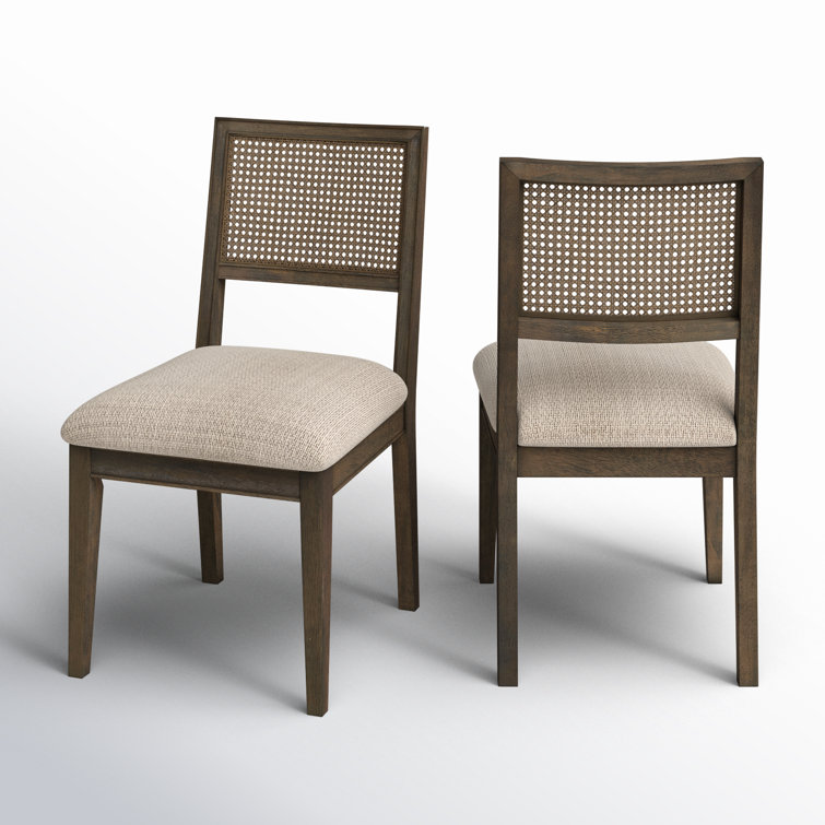 Brown Cane Back Upholstered Side Chair Set with Solid Wood Frame