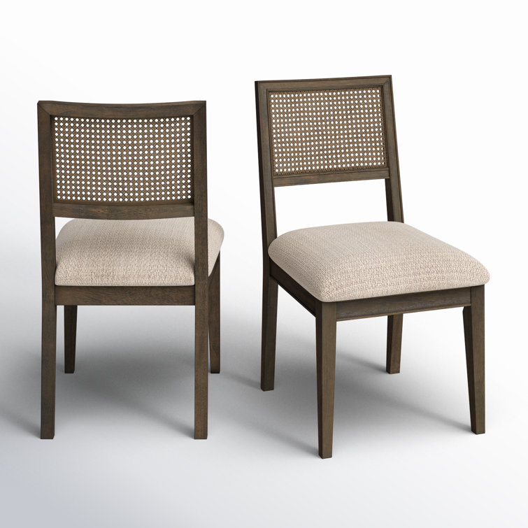 Brown Cane Back Upholstered Side Chair Set with Solid Wood Frame
