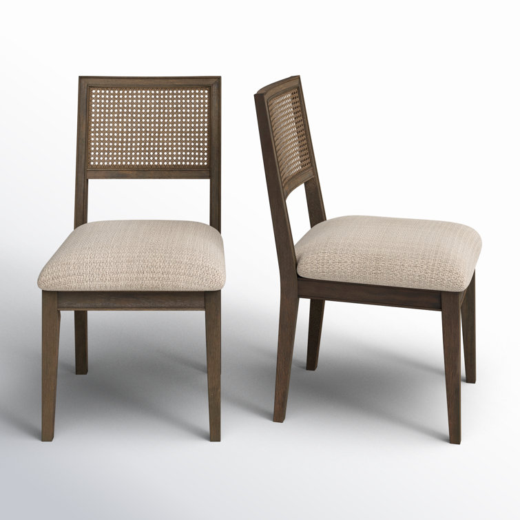 Brown Cane Back Upholstered Side Chair Set with Solid Wood Frame