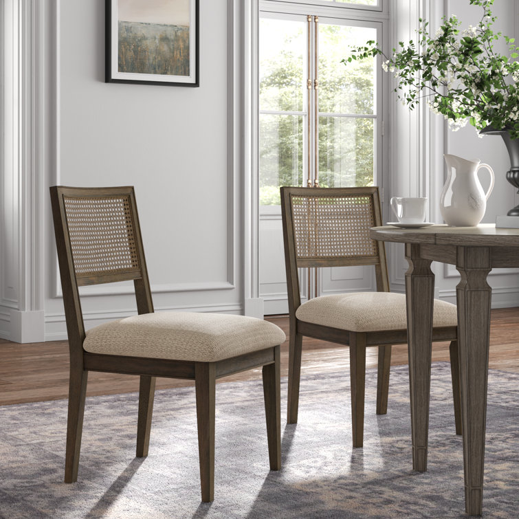Brown Cane Back Upholstered Side Chair Set with Solid Wood Frame