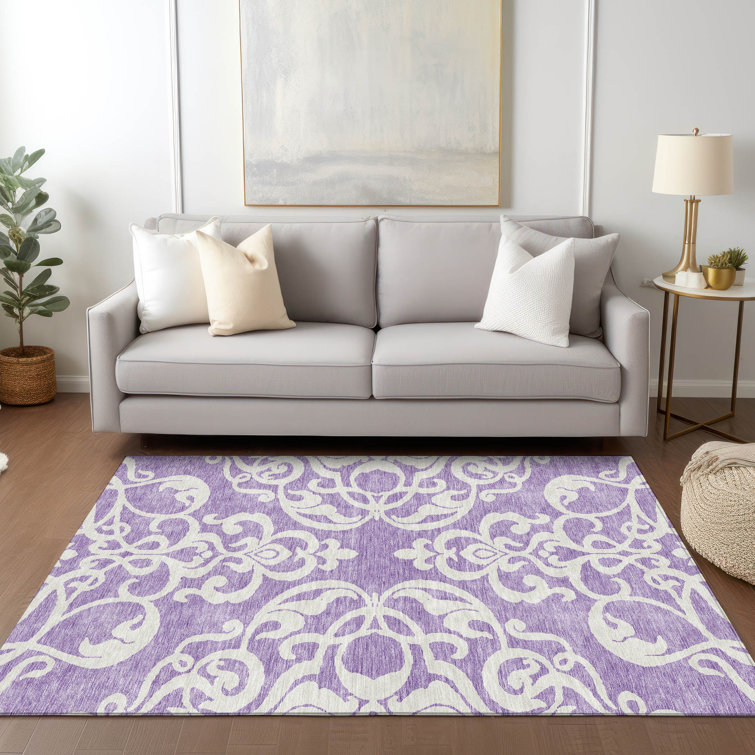 Purple and White Synthetic Flat Woven Rectangular Rug