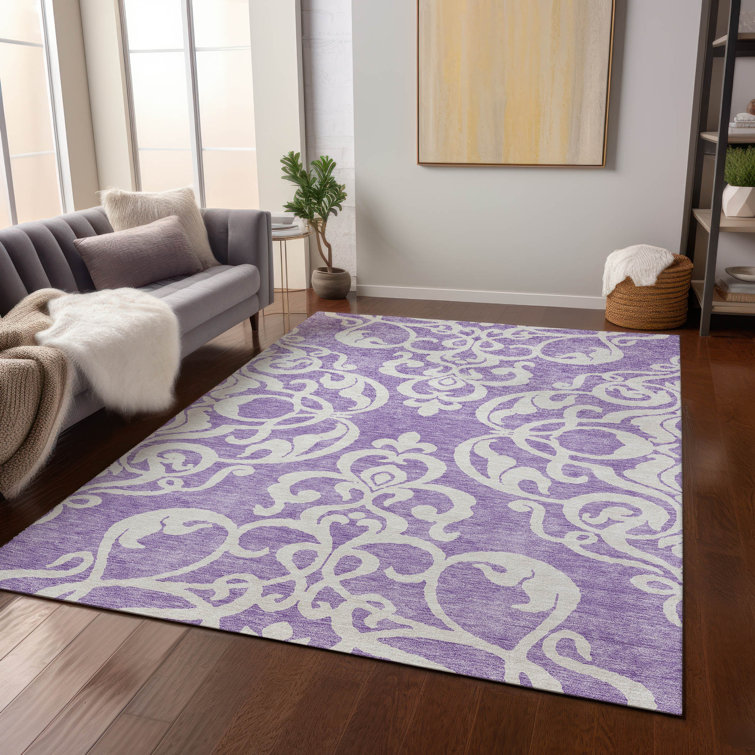 Purple and White Synthetic Flat Woven Rectangular Rug
