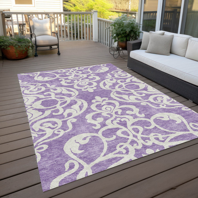 Purple and White Synthetic Flat Woven Rectangular Rug