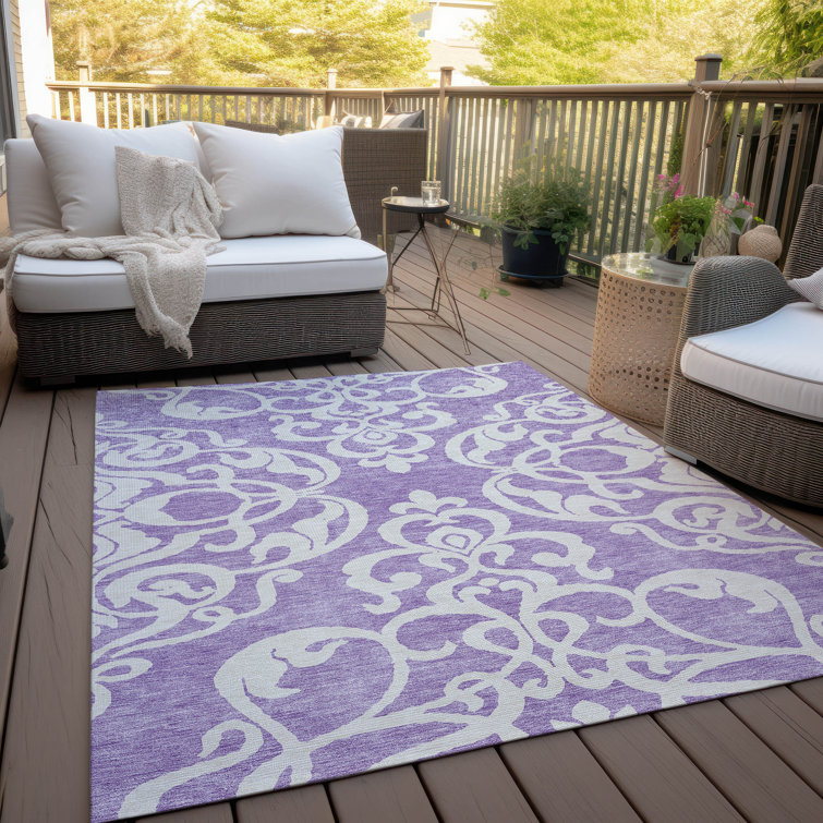Purple and White Synthetic Flat Woven Rectangular Rug