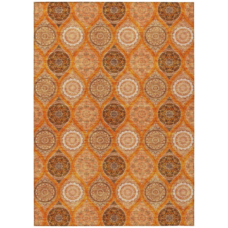 Aquaisha Orange and Brown Floral Rectangular Washable Rug