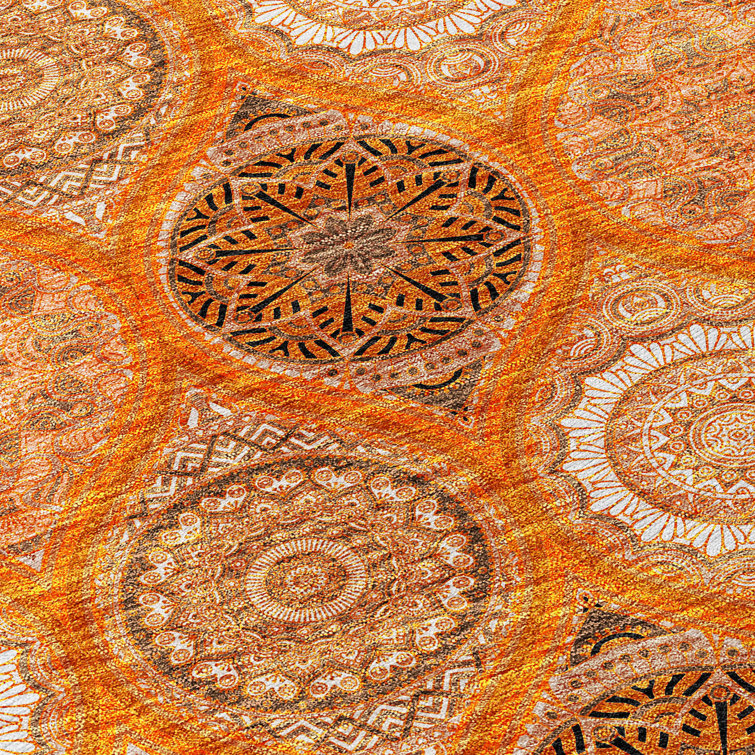 Aquaisha Orange and Brown Floral Rectangular Washable Rug
