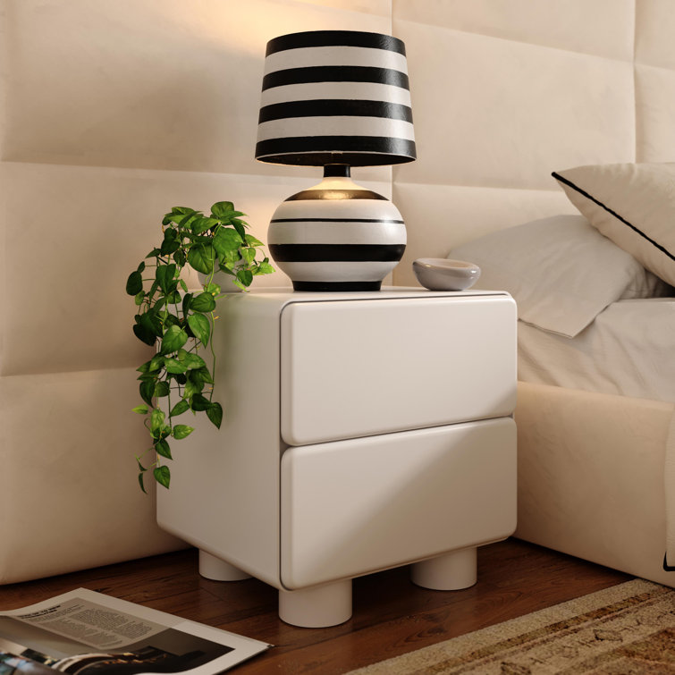 White Glossy Solid Wood 2-Drawer Nightstand