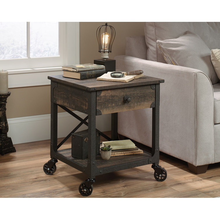 Rustic Carbon Oak Mobile Side Table with Storage Drawer