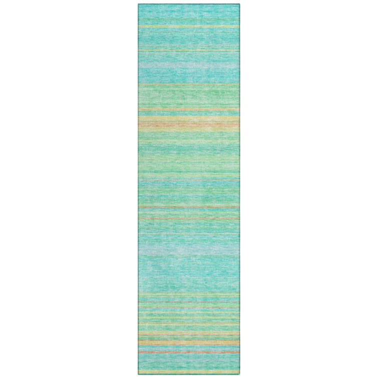 Aqua Synthetic Stripe Washable Indoor/Outdoor Runner Rug