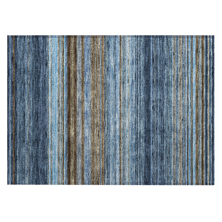 Navy and Brown Synthetic Striped Rectangular Indoor/Outdoor Rug