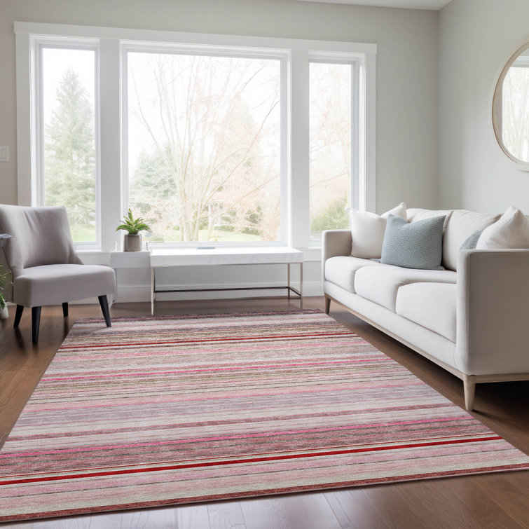 Pink and Beige Striped Synthetic Indoor/Outdoor Rug