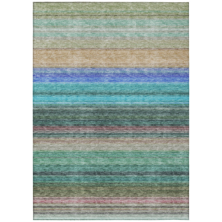 Sage and Blue Striped Synthetic 9' x 12' Washable Rug
