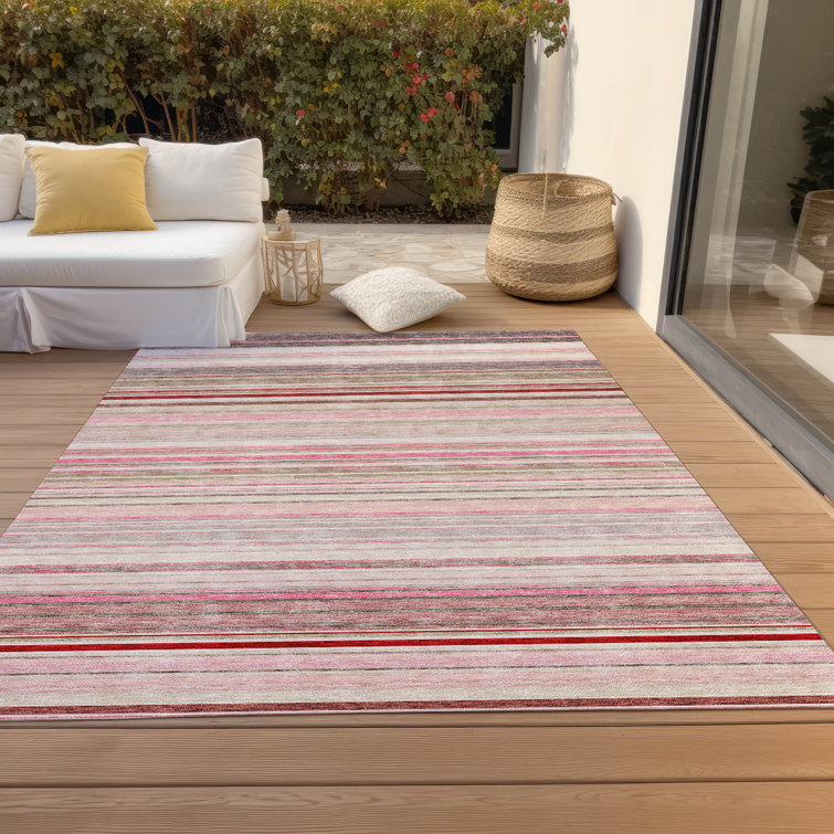 Pink and Beige Striped Synthetic Indoor/Outdoor Rug