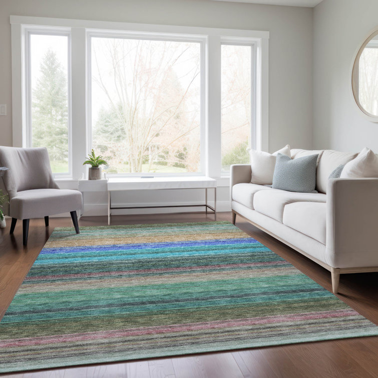 Sage and Blue Striped Synthetic 9' x 12' Washable Rug