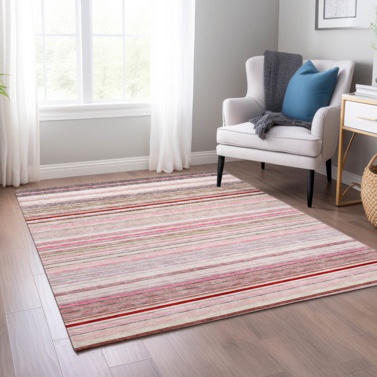 Pink and Beige Striped Synthetic Indoor/Outdoor Rug