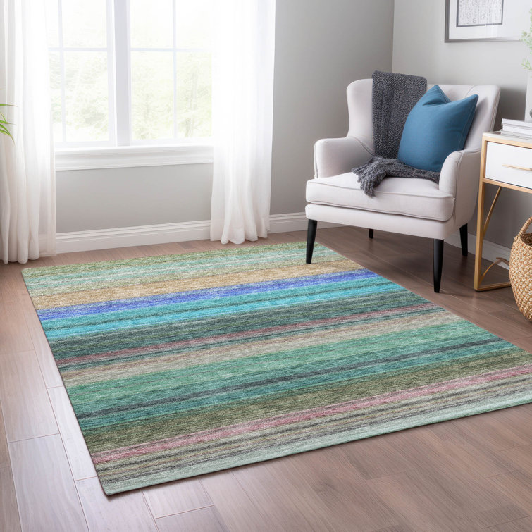 Sage and Blue Striped Synthetic 9' x 12' Washable Rug