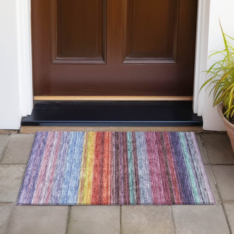 Lavender Multicolor Striped Synthetic Indoor Outdoor Rug
