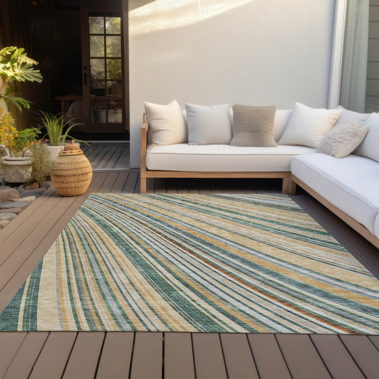 Beige and White Striped Synthetic 5' x 7' Washable Rug