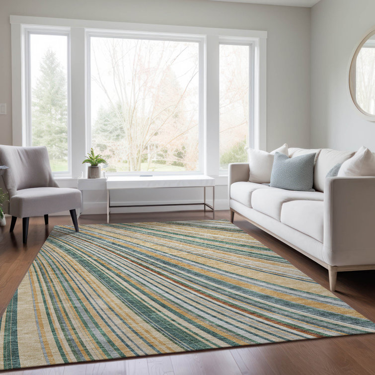 Beige and White Striped Synthetic 5' x 7' Washable Rug