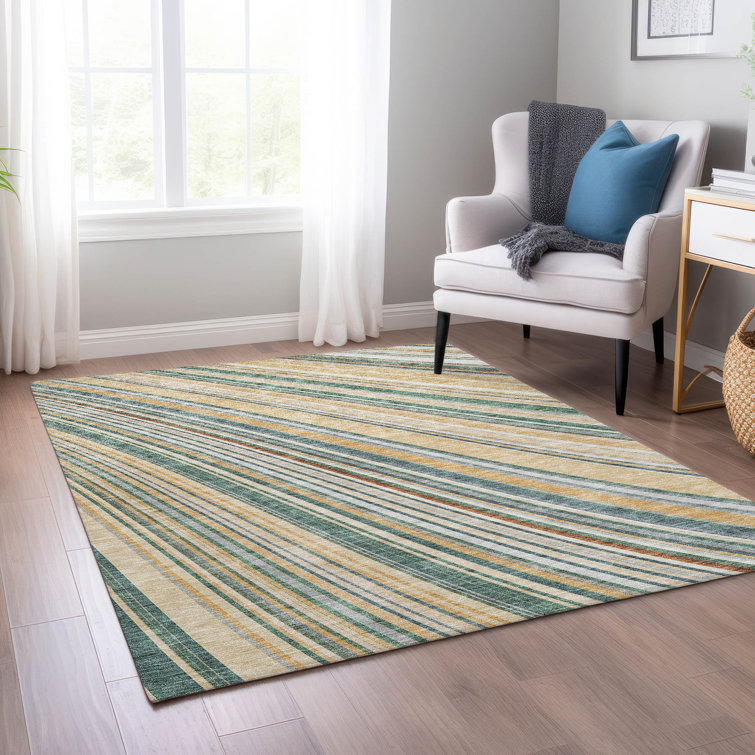 Beige and White Striped Synthetic 5' x 7' Washable Rug